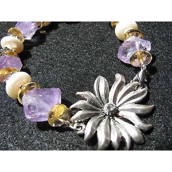 New Natural Rustic Amethyst, Citrine, Pearls Cuff Bracelet w/ Flower Clasp - Picture 3 of 8